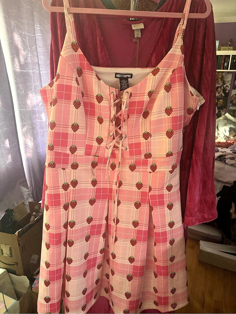 Hot Topic Pink Strawberry Plaid Lace-Up Dress Strawberry Plaid Lace-Up Midi